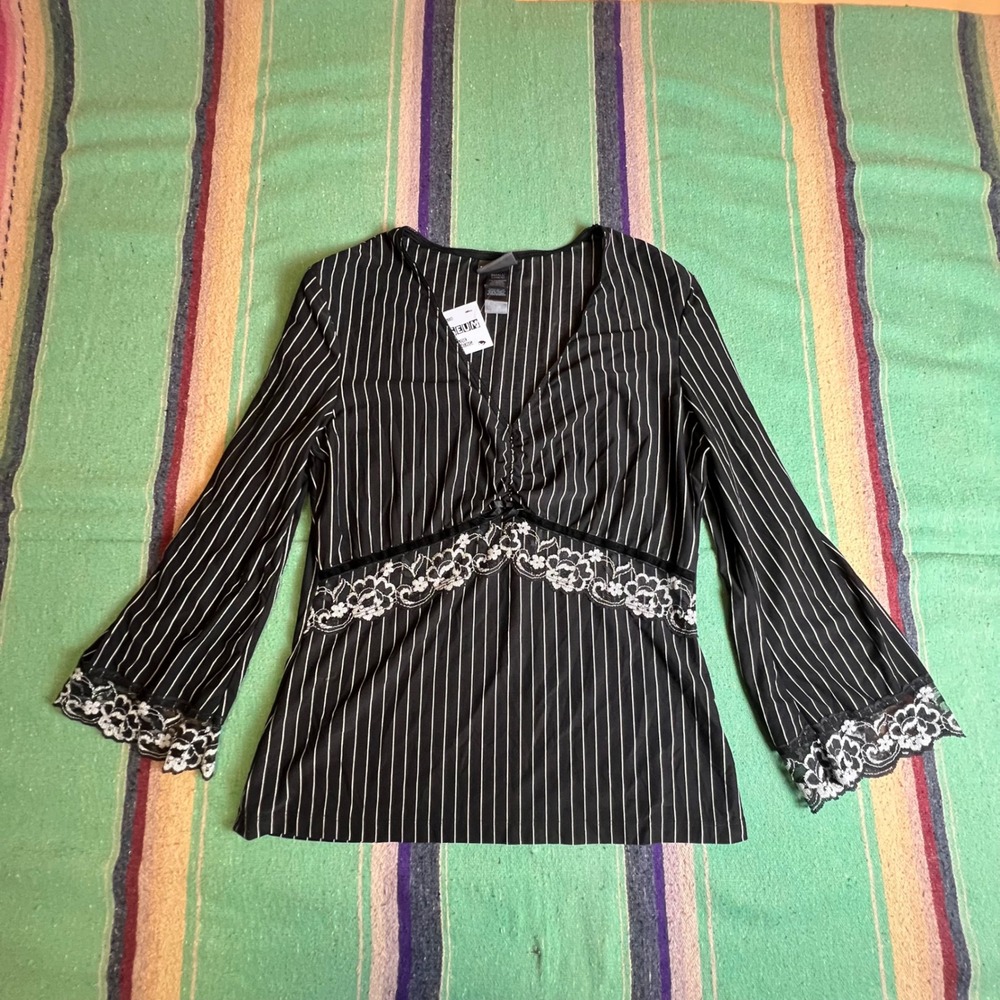 Y2k Top Womens Small Black Pinstripe Lace Bell Sleeve V-Neck Goth Y2K